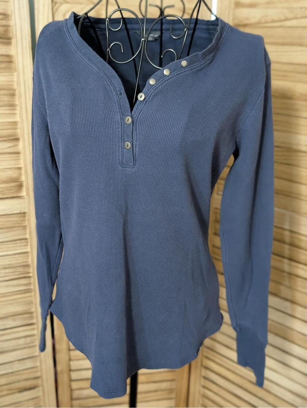 Eddie Bauer Waffle-Knit Henley Shirt Blue Men's Large Long-Sleeve Thermal